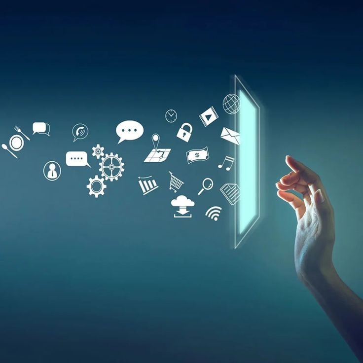 Hand interacting with digital marketing icons on a virtual screen